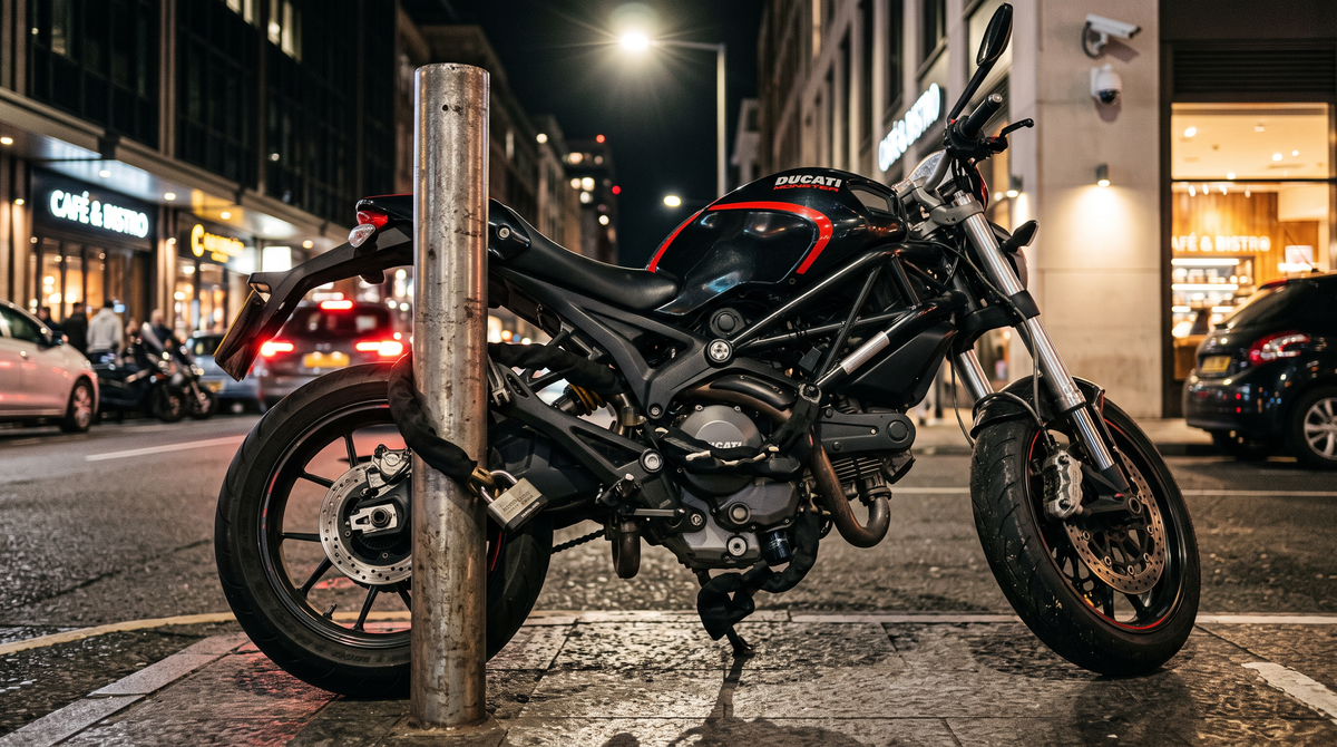 Motorcycle secured to a fixed steel anchor with a heavy lock in a well-lit urban parking area
