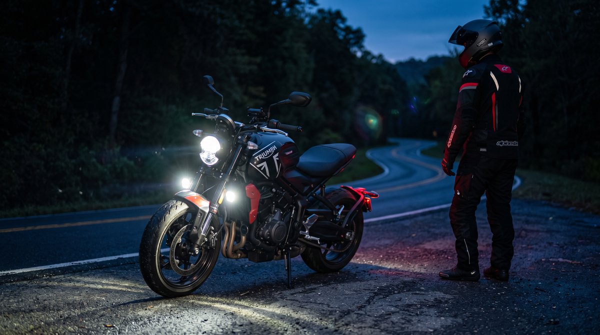 Motorcycle with headlight and low-mounted auxiliary lights creating a visible triangle on a dark road