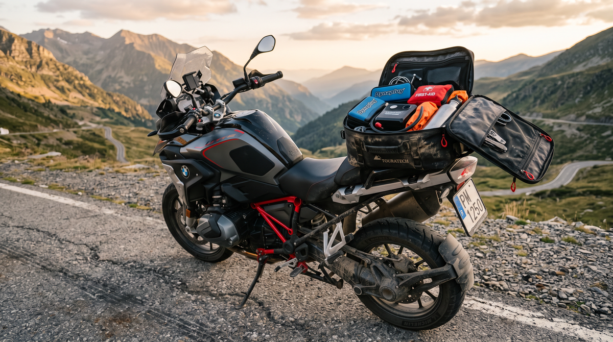 Motorcycle tail bag packed with practical roadside riding essentials at a scenic overlook