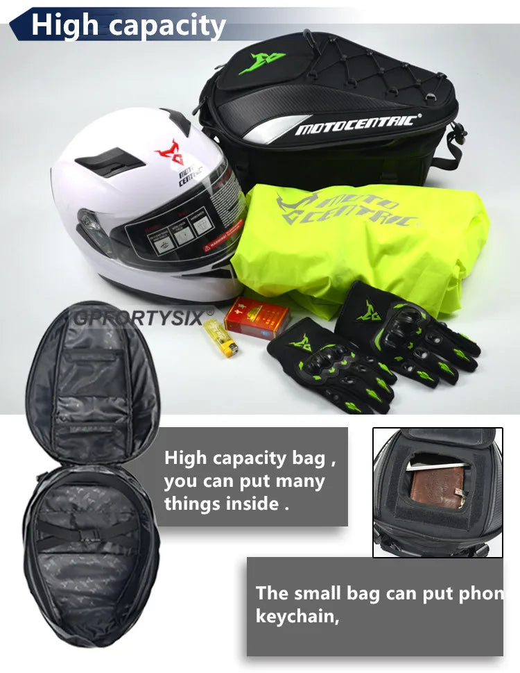 MOTOCENTRIC Waterproof Motorcycle Tail Bag – Expandable Rear Seat & Helmet Backpack