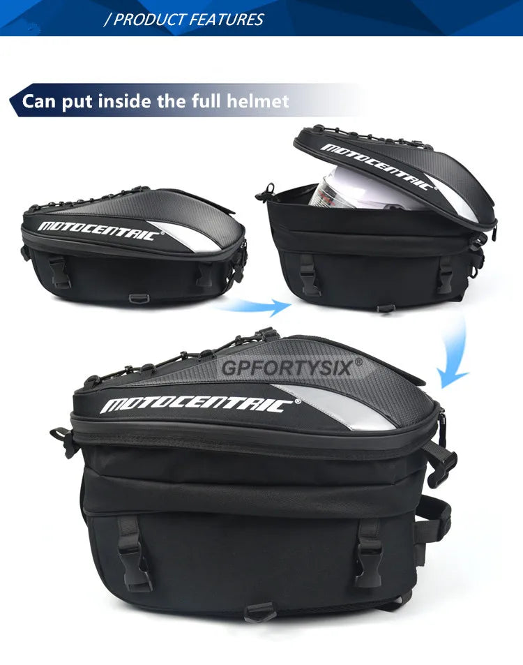 MOTOCENTRIC Waterproof Motorcycle Tail Bag – Expandable Rear Seat & Helmet Backpack