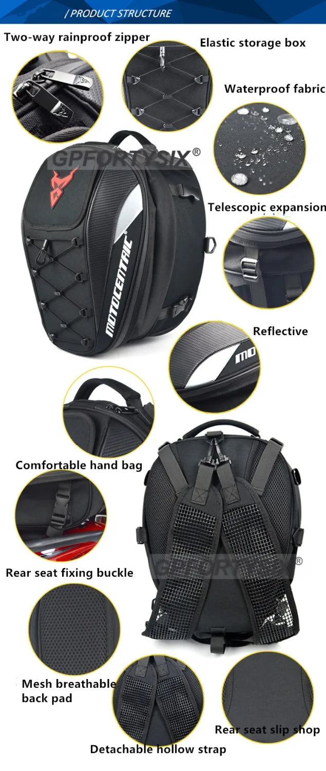 MOTOCENTRIC Waterproof Motorcycle Tail Bag – Expandable Rear Seat & Helmet Backpack