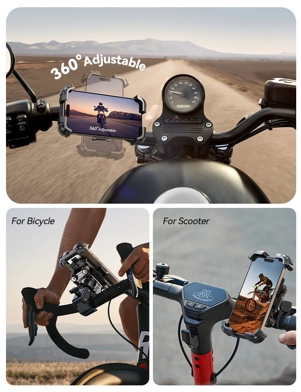 Anti-Vibration Motorcycle Phone Mount – 360° Adjustable Handlebar Holder (JR-ZS498)