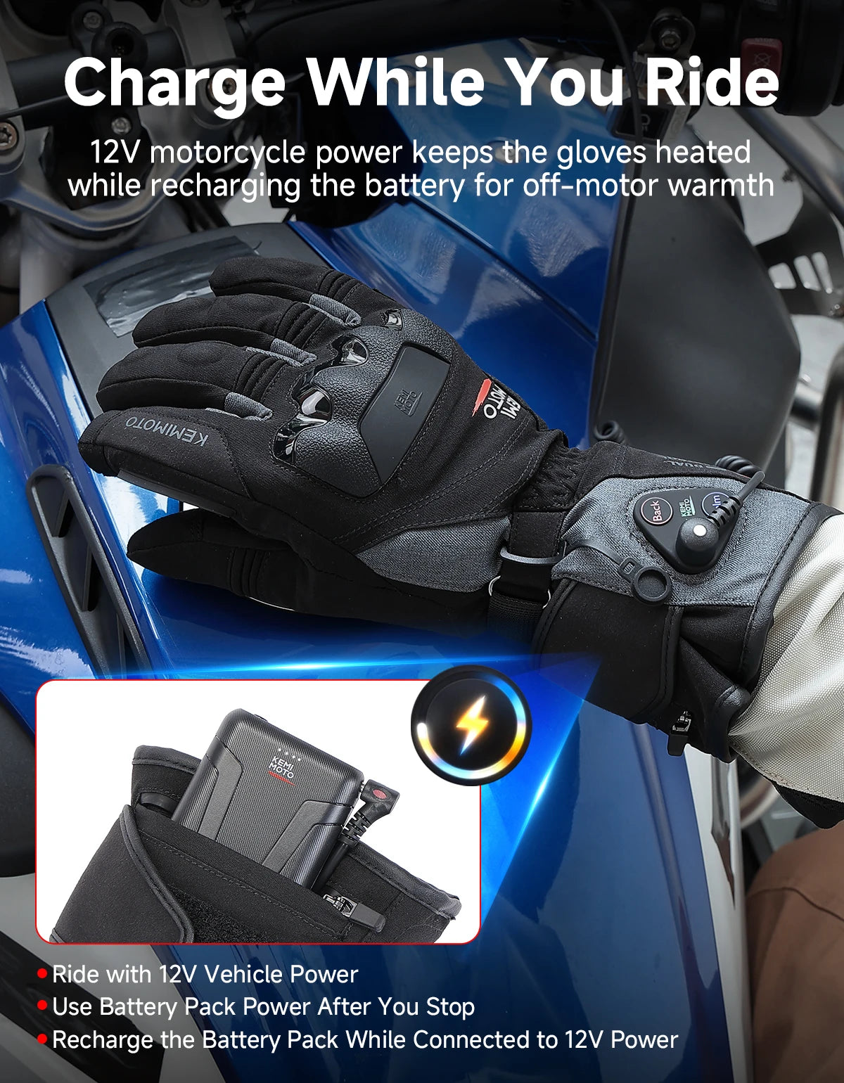 Rechargeable Heated Motorcycle Gloves – Waterproof Winter Riding Gloves with 3 Heat Settings