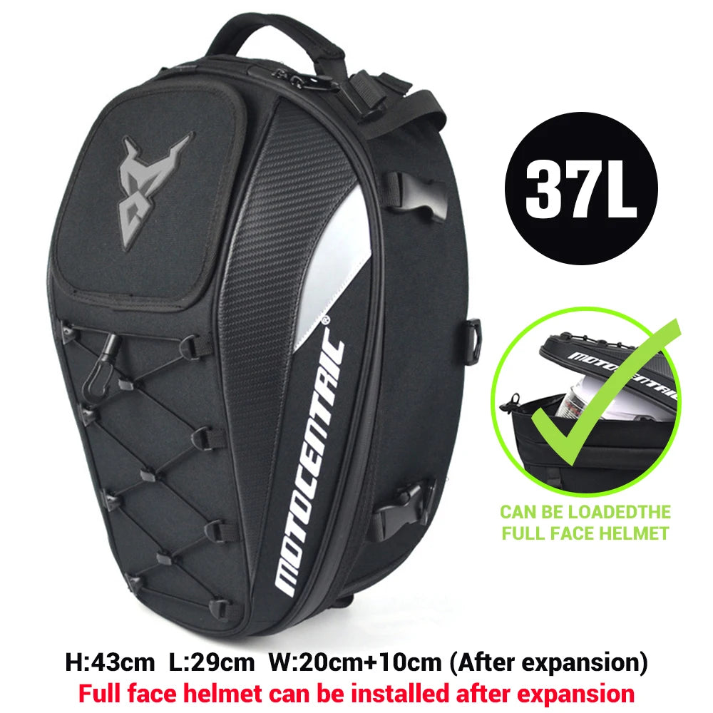 MOTOCENTRIC Waterproof Motorcycle Tail Bag – Expandable Rear Seat & Helmet Backpack
