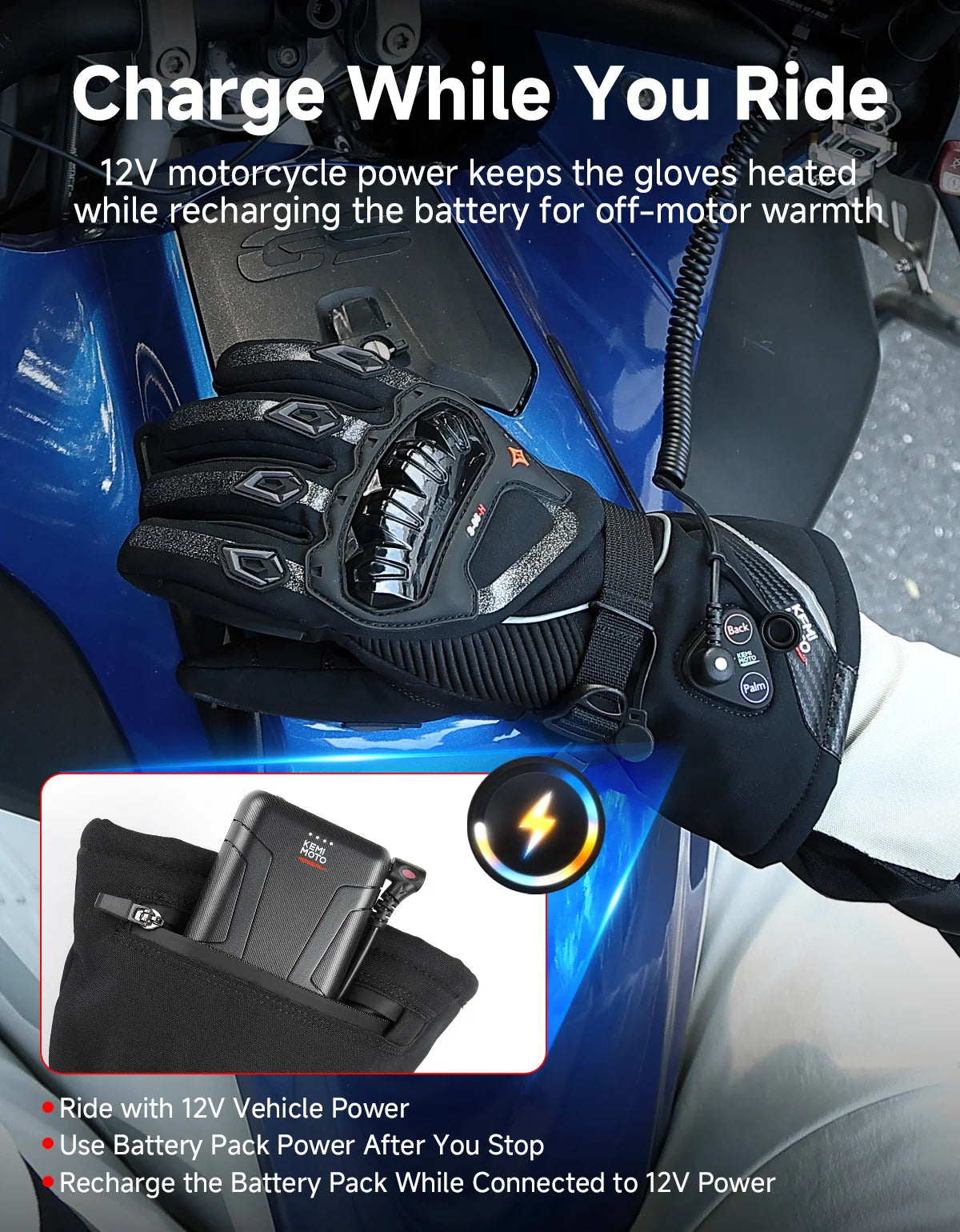 Rechargeable Heated Motorcycle Gloves – Waterproof Winter Riding Gloves with 3 Heat Settings