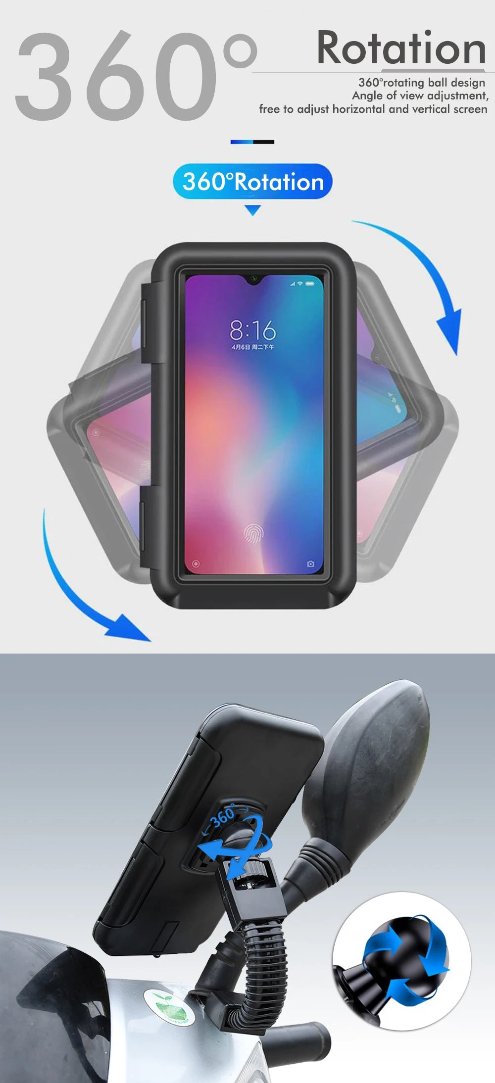 Waterproof Motorcycle Phone Holder – Handlebar & Mirror Mount with Navigation Cover