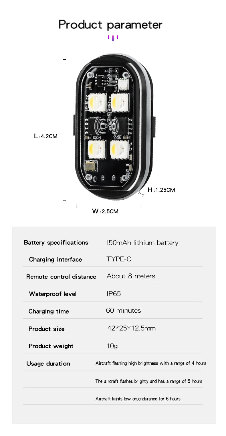 RGB LED Strobe Warning Light – USB Rechargeable Wireless Motorcycle & Drone Light