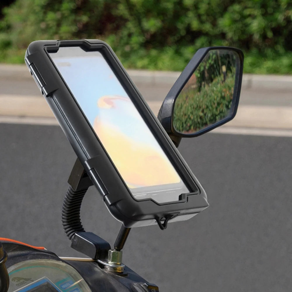 Waterproof Motorcycle Phone Holder – Handlebar & Mirror Mount with Navigation Cover