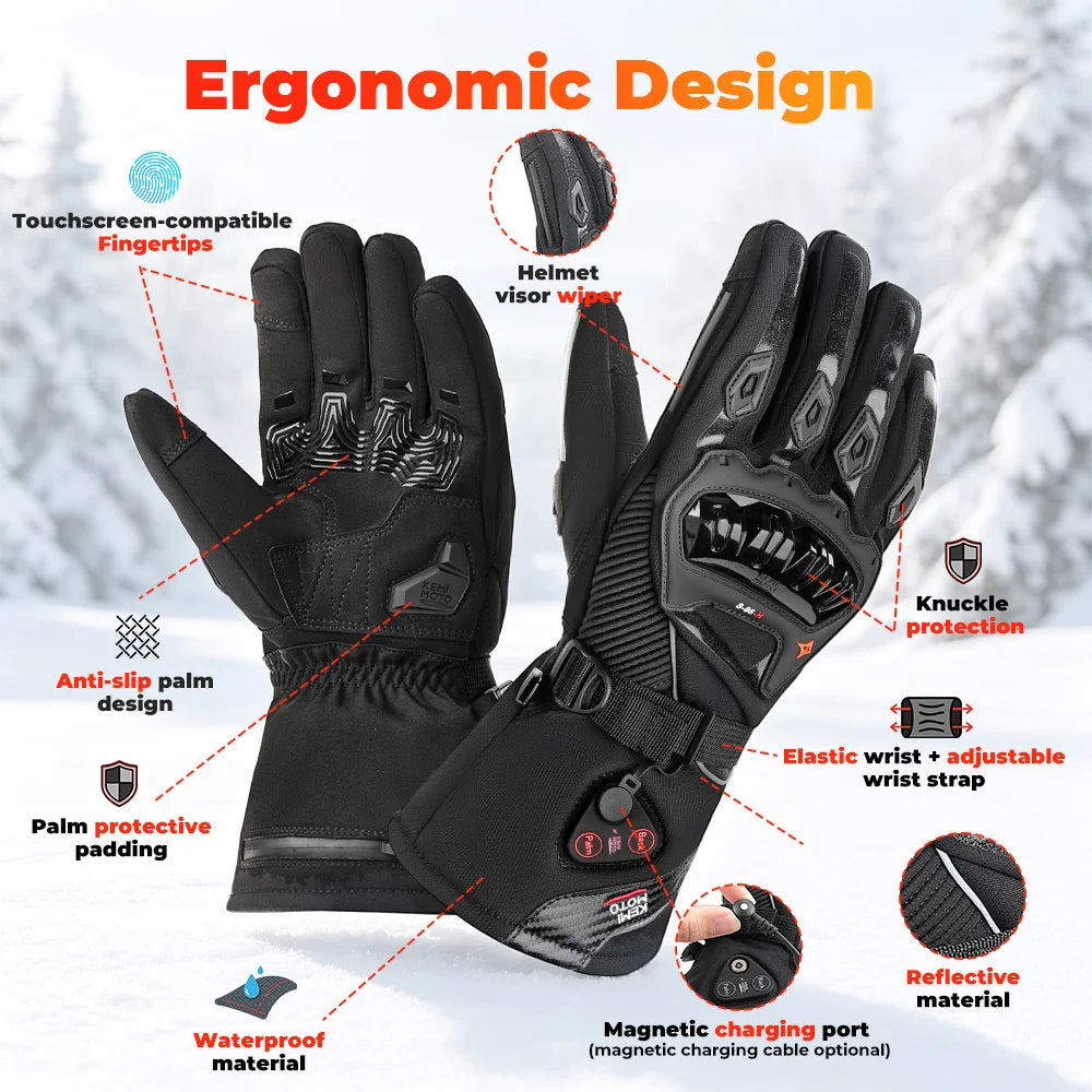 Rechargeable Heated Motorcycle Gloves – Waterproof Winter Riding Gloves with 3 Heat Settings