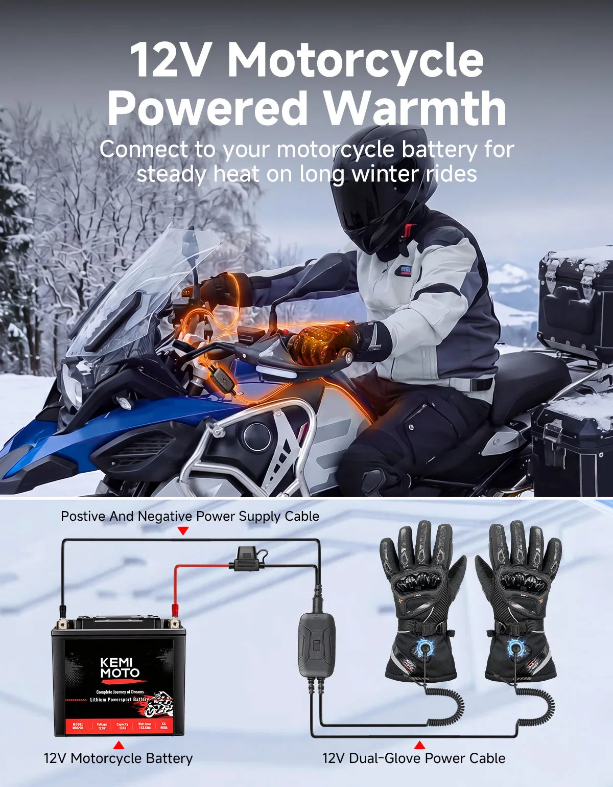 Rechargeable Heated Motorcycle Gloves – Waterproof Winter Riding Gloves with 3 Heat Settings