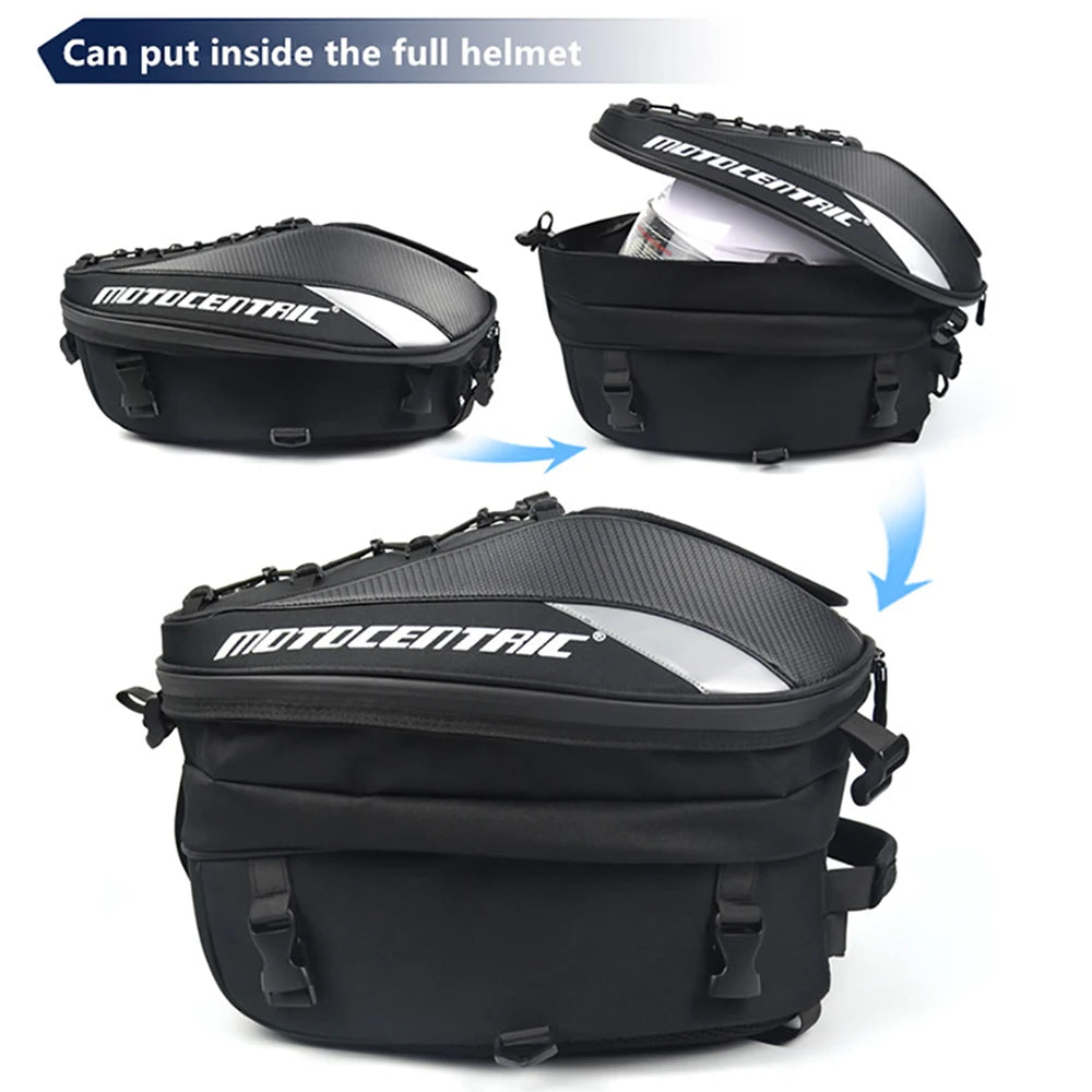MOTOCENTRIC Waterproof Motorcycle Tail Bag – Expandable Rear Seat & Helmet Backpack