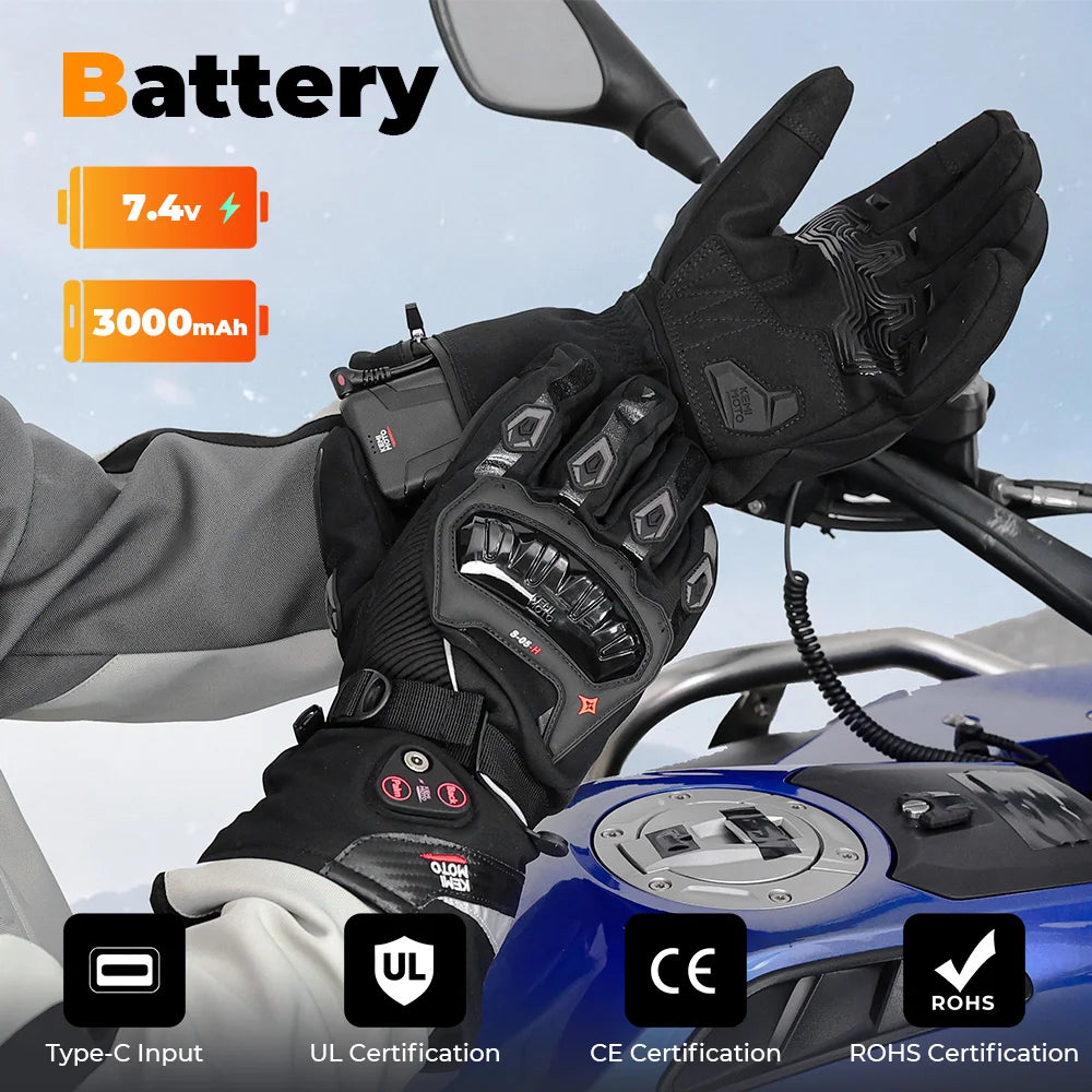 Rechargeable Heated Motorcycle Gloves – Waterproof Winter Riding Gloves with 3 Heat Settings