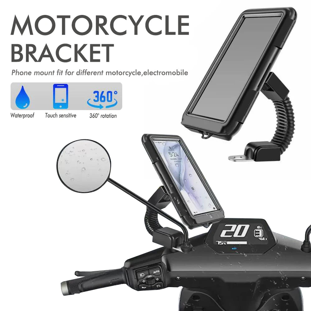 Waterproof Motorcycle Phone Holder – Handlebar & Mirror Mount with Navigation Cover