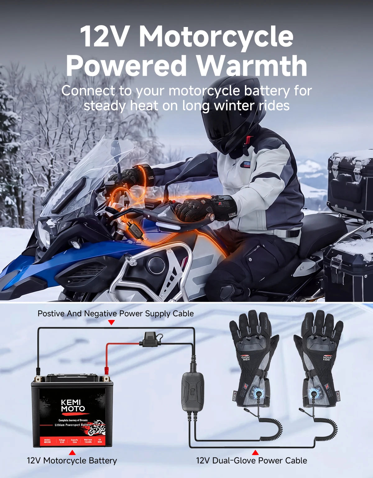 Rechargeable Heated Motorcycle Gloves – Waterproof Winter Riding Gloves with 3 Heat Settings