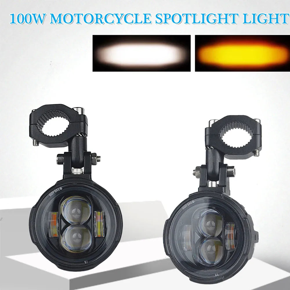 100W Dual-Color LED Motorcycle Fog & Auxiliary Driving Lights – Pair with Wired Switch