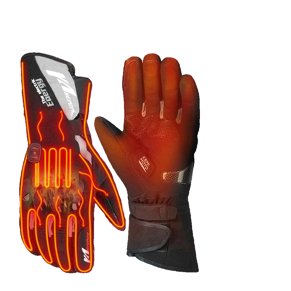 Pair of rechargeable heated waterproof motorcycle gloves with visible accessories