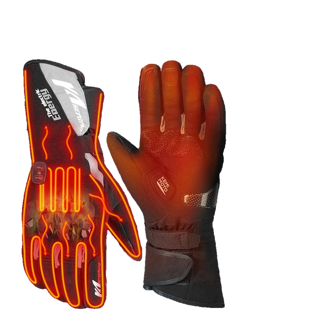 Pair of rechargeable heated waterproof motorcycle gloves with visible accessories